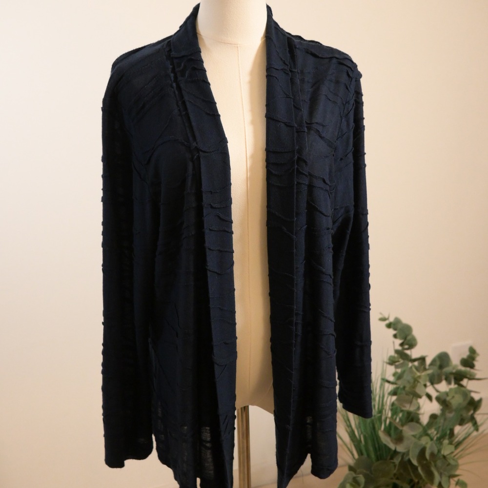 Chicos Navy Blue Textured Ripple Open Front Cardigan Size 3 Large XL